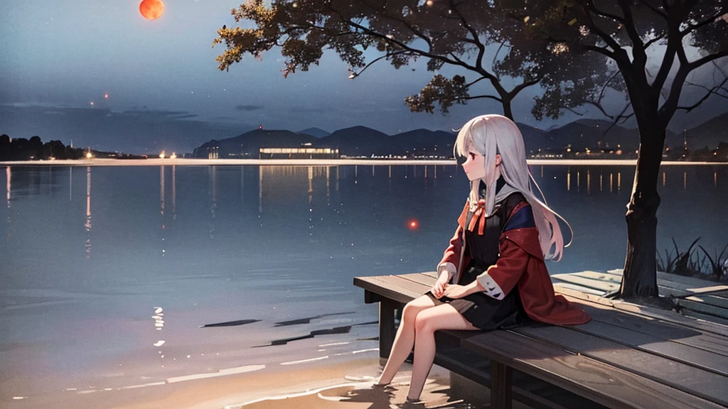 medium distrance shot of a girl sit near a lake, with red moon, fireflies all over, ethereal atmosphere, cinematic lighting, award winner, masterpiece.