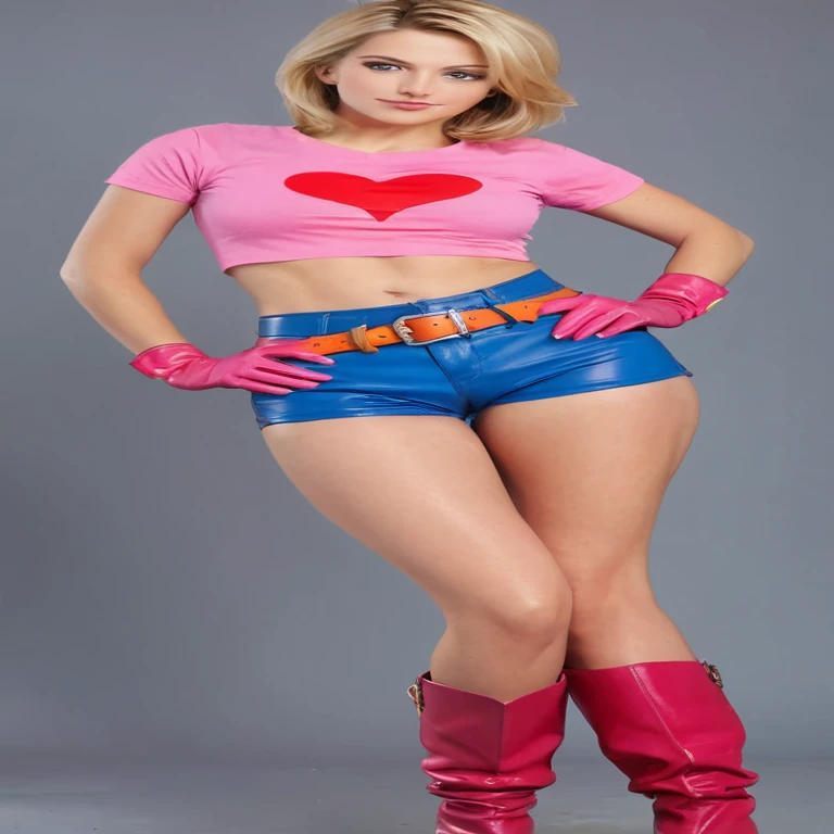 Mature girl with tall straight blonde posture, medium neck, wears a plain tight pink short Sleeve u-neck t-shirt, she expose full her midriff, she wears blue leather shorts, she wears pink small boots, she wears a large orange belt with a red heart-shaped buckle, she wears small pink gloves, she expose her navel, beautiful midriff, beautiful thigh, long and slim thigh, The pose appears to be facing forward with her right hand is above her head and her left hand is on her hips, full body