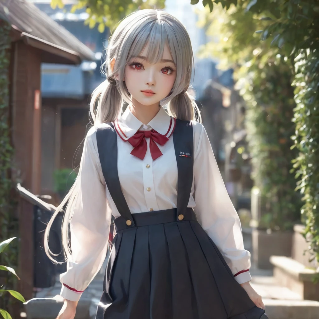 BREAK Perfect Anatomy、Highest quality、(cute:1.1)、(cute)、(High resolution:1.2)、Unbelievably absurd:1.3、Incredible illustrations、(cuteイラスト:1.2)、nsfw,(Beautiful background、Late Night、garden、Planting)、1gial(Silver Hair、Wavy Hair、Long twin tails、Red Eyes、 female,height 1.2meters, slim 25kg)(flat chest、Dark Skin:1.4)(school uniform,garter belt)(front view)