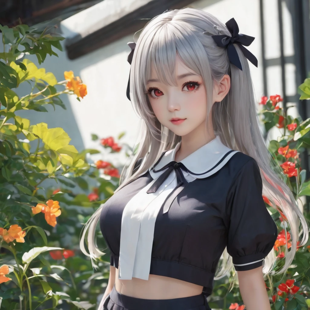 BREAK Perfect Anatomy、Highest quality、(cute:1.1)、(cute)、(High resolution:1.2)、Unbelievably absurd:1.3、Incredible illustrations、(cuteイラスト:1.2)、nsfw,（Beautiful background、Late Night、garden、Planting）、1gial(Silver Hair、Wavy Hair、Long twin tails、Red Eyes、9 years old female,height 1.2meters, slim 25kg）(flat chest、Dark Skin:1.4)（school uniform,garter belt）（front view）