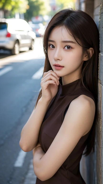 ((best quality, 8K, masterpiece :1.3)), whole body, Clear focus: 1.2, A girl,20 years old,Perfect face shape,Beautiful face shape,Perfect body beauty: 1.4, Slim abdominal muscles: 1.2, ((Dark brown hair, : 1.2)), Vest Dress: 1.1, (street: 1.3), Highly detailed face and skin texture, Exquisite eyes, Double eyelids