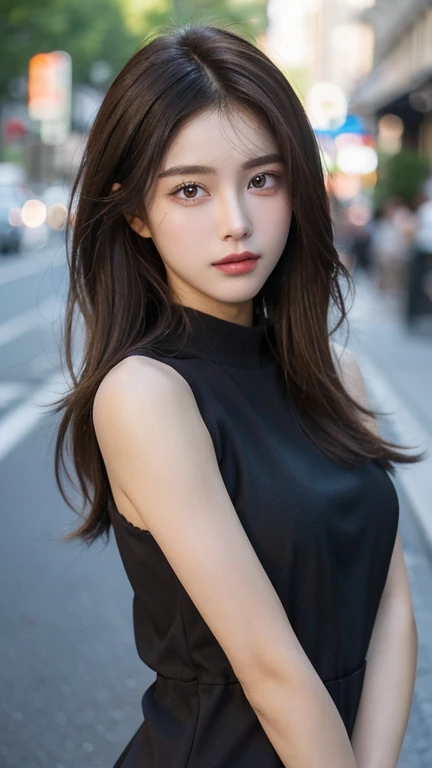 ((best quality, 8K, masterpiece :1.3)), whole body, Clear focus: 1.2, A girl，20 years old，Perfect face shape，Beautiful face shape，Perfect body beauty: 1.4, Slim abdominal muscles: 1.2, ((Dark brown hair, : 1.2)), Vest Dress: 1.1, (street: 1.3), Highly detailed face and skin texture, Exquisite eyes, Double eyelids