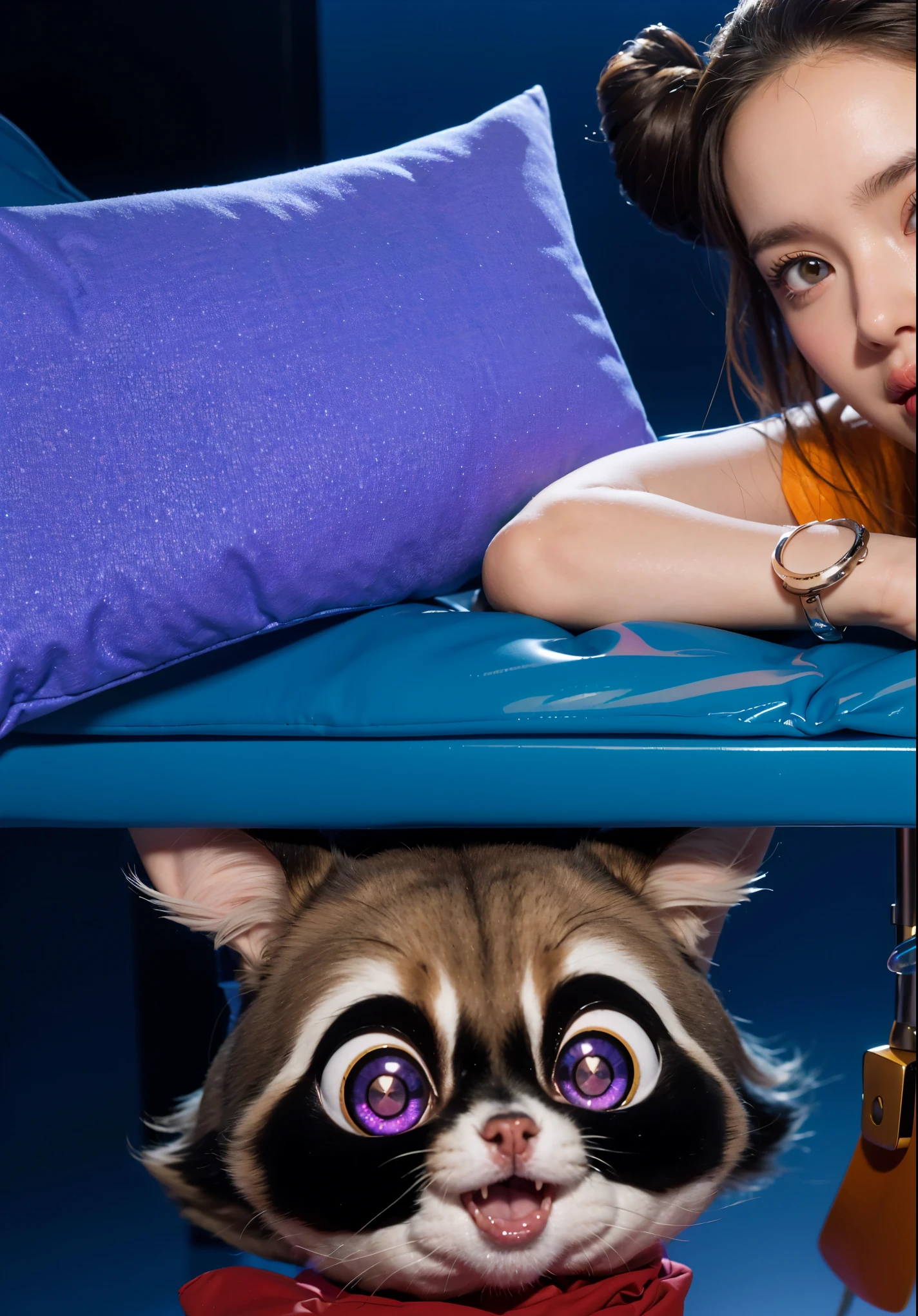 pillow The image shows a girl lying on a bed. She is wearing a white t-shirt and pink shorts. The girl is resting her head on her hands, and her hair is styled in two buns. Her face is obscured, adding an element of mystery to the image. The bed and pillow are blue, and the background is also in deep blue tones, creating a monochromatic color scheme. The floor is made of wood and shares the same blue hue. The atmosphere of the scene is calm and mysterious, with a focus on the girl lying on the bed. clouds, A 3D, glossy scene featuring two adorable latex-like purple cats with a shiny, plastic finish. The cats have large, expressive eyes and are positioned playfully on fluffy clouds in the night sky. The lighting is realistic, highlighting the glossy, reflective surfaces of the cats clouds and creating a vibrant, magical atmosphere. The overall clouds effect is smooth and polished, with the latex clouds and plastic textures enhancing the whimsical and lifelike appearance of the characters. cloudsмультяшный рендеринг ключевого кадра, милый 3D рендеринг,,Create ultra sharp цветной рендеринг zbrush. perfect cgi, cgi art created only with gradients, smooth silhouette, Create ultra sharp skin, high intensity refraction, (plastic material), most beautiful vfx, blue background, plastic refractions, glossy texture, smooth 3d model, multiple light sources, rim light, sharp post effects render, (glossy plastic texture with multiple big light probe refractions), perfect cgi, cgi art created only with gradients, smooth silhouette, high intensity refraction, (plastic material), most beautiful vfx, blue background