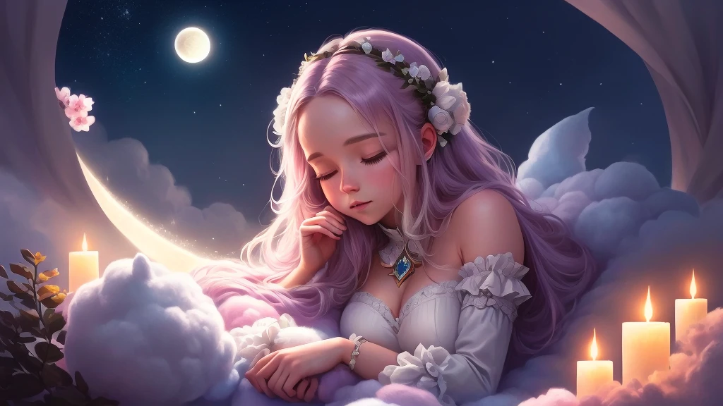 A rabbit sleeping on a cloud with the moon in the background, dream-like night, dream-like illustration, quiet night. Digital Illustration, Lying in the fairyland of white clouds, Adorable digital painting, dream-like soft, Sweet dreams, Cute and detailed digital art, dream-like art, Cute digital art, dream-like, dream-like and detailed, Beeple and Jeremiah Kettner, dream-like atmosphere