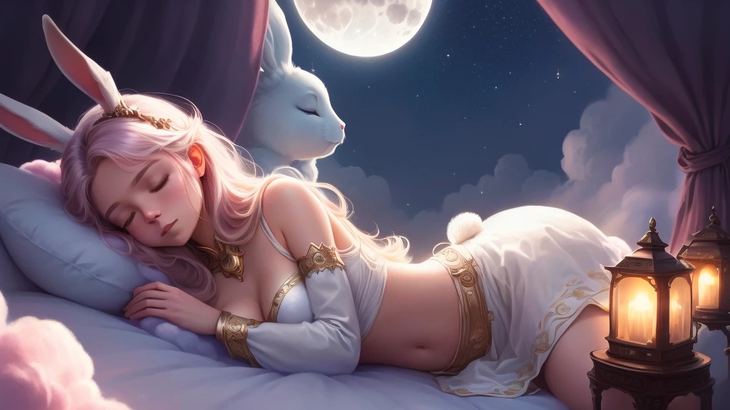 A rabbit sleeping on a cloud with the moon in the background, dream-like night, dream-like illustration, quiet night. Digital Illustration, Lying in the fairyland of white clouds, Adorable digital painting, dream-like soft, Sweet dreams, Cute and detailed digital art, dream-like art, Cute digital art, dream-like, dream-like and detailed, Beeple and Jeremiah Kettner, dream-like atmosphere