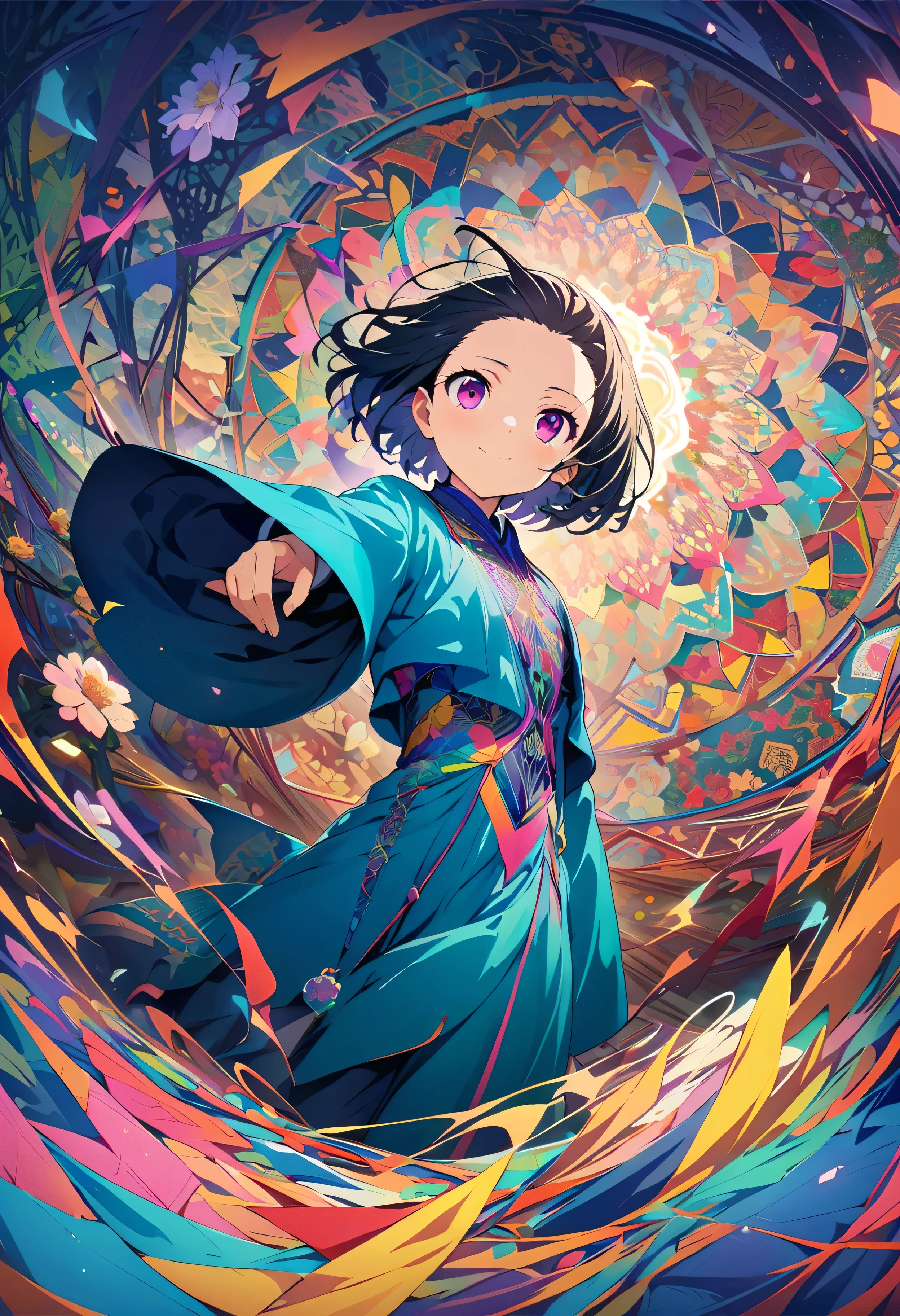 Official Art, wallpaper, Very detailed, (((Very detailedな目と顔))), masterpiece, Highest quality, (ZenTangle, Mandala, Tangle, EnTangle), Complex clothing, Very detailed, Dynamic Angle, The most beautiful form of chaos, elegant, Vibrant colors, Romantic Chinese Flowers, Short Bob Hair, forehead, , Breaking Smiling Amidst the Colorful Scenes, Whole body shot, pastel colour