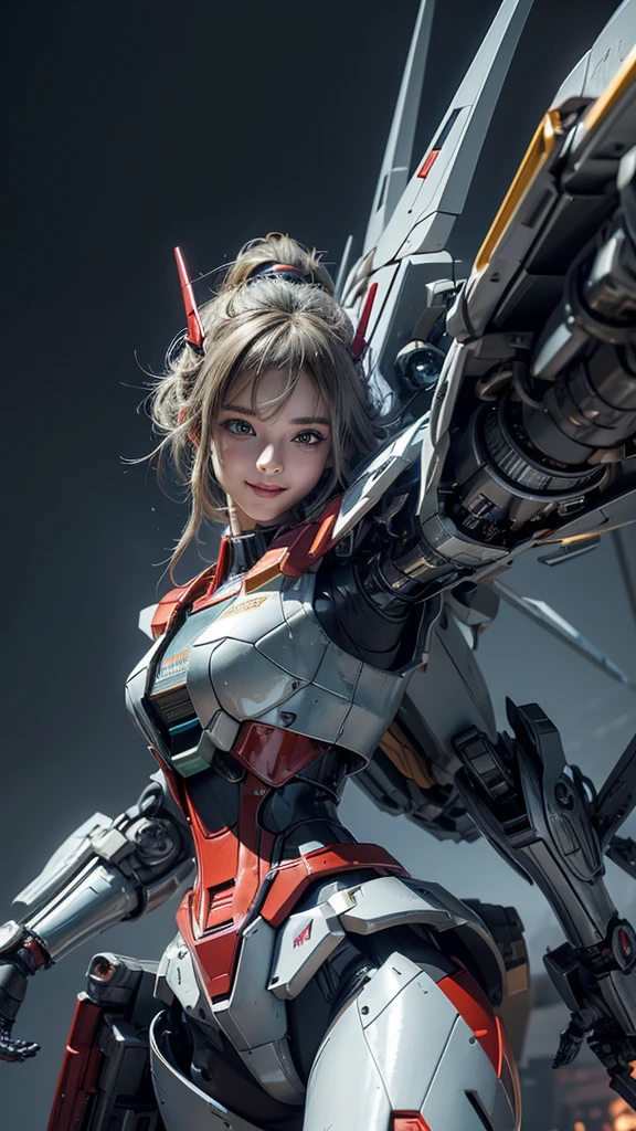 Textured skin, Super Detail, high details, High quality, Best Quality, hight resolution, 1080p, hard disk, Beautiful,(Gundam),Beautiful Smile,beautiful cyborg woman,Mecha Cyborg Girl,Battle Mode,Girl with a Mecha Body,She wears a futuristic Gundam mecha,Fulll body Shot