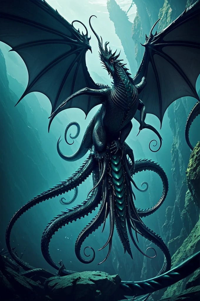 Look closely at the wings of the dragon-like creature.，The &quot;feathers&quot; above are actually densely packed human arms intertwined with the tentacles of deep-sea creatures.。
There is a dark green liquid like saliva dripping from the dragon-shaped creature&#39;s mouth.，Liquid dripping down，Came into contact with a cyborg and instantly corroded it completely。