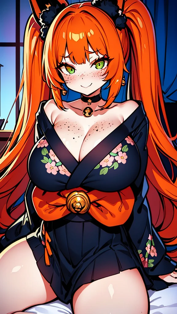 a beautiful and stunning woman with long, wavy orange hair and green eyes, twin volumous ponytails, wearing a black kimono with a red floral print , orange fox ears, lying on the bed with a shy smile, red cheeks and light freckle marks only on her face, defined silhouette, huge breasts, thick thighs, earrings of skulls, dark environment, dark colors, pastel tone, cold palette, sharpness, attention to detail, richness of details, cute aesthetics, cherry blossoms decorating the hair