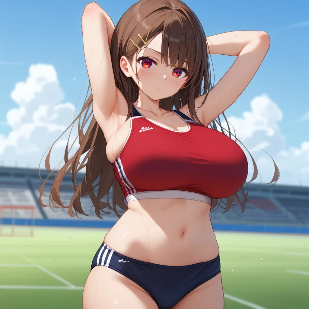 score_9, score_8_up, score_7_up, score_6_up, score_5_up, score_4_up, anime screencap, best quality, masterpiece, 1girls, armpits, navel, buruma, outdoors, , red sports bra, stomach, looking at viewer, brown hair, track and field, stretching, solo focus, day, sports bra, thighs, black buruma, arms up, sweat, long hair, cloud, huge breastsblurry, brown eyes, midriff, bare arms, standing, arms behind head, bare shoulders, cowboy shot, closed mouth, collarbone, blush, blue sky, groin, depth of field, sports bikini, hairclip, crop top, blurry background, sleeveless, track uniform,
