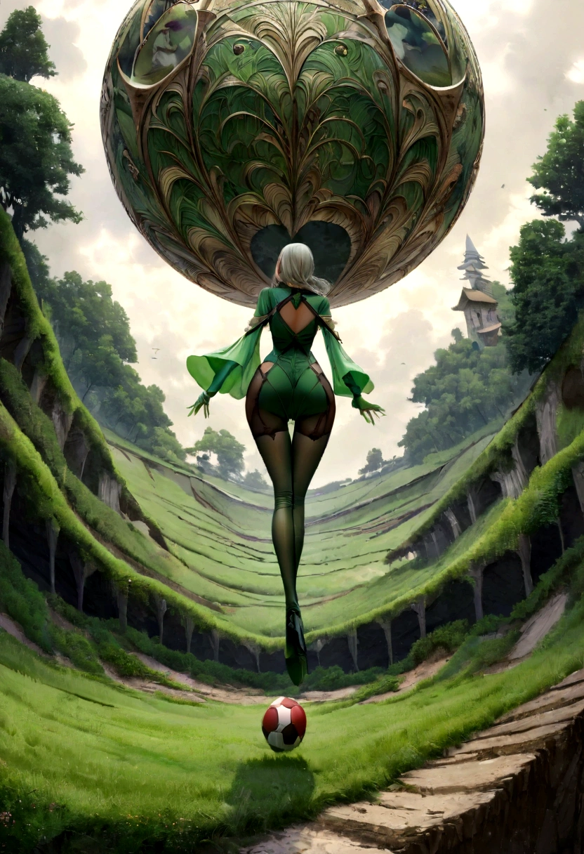 belle femme fine sexy aux yeux vert cheveux noir corps entier nu .porte un laisse noir ,sur la poitrine un tatouage de salamandre avec un arrière plan d'un terrain de football
