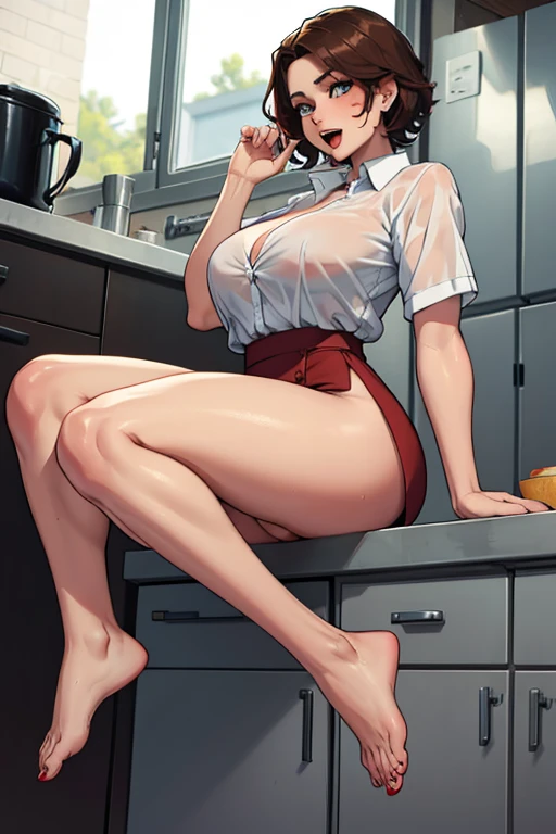1 woman, Cuban, single mother, 30 years old, unclear skin, perverted, short hair, light brown, red lips, big breasts, big thighs, no panties, very tight white fabric blouse, her breasts are transparent in the blouse, without hold, very wet, in the kitchen, cooking, barefoot, with legs open, pretty feet, 5 toes on each foot, 5 fingers on each hand, open mouth, perfect teeth, red cheeks, sensual look