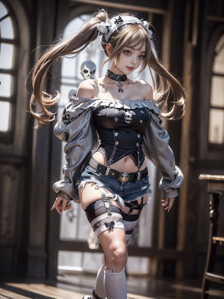 (Full Body View:1.3)、(Beautiful lips and nose:1.4)、(Side view:1.1)、(Smiling with teeth showing:1.3),(Fashion Model:1.5)、(Gothic Lolita delicately decorated battle uniform:1.5)、(White off-shoulder hoodie:1.5)、(Black, silver and white shorts:1.4)、(denim garter belt:1.5)、(Black and denim knee socks:1.3)、(Skull Silver Accessories:1.5)、(Lace collar:1.3)、(Brown Skin Belt:1.4)、(Brown boots:1.2)、(Underwear has polka dots:1.4)、23 years old、((Highest quality、In 8K、masterpiece:1.3))、Sharp focus:1.2、(Layered Cut、Huge boobs:1.1),Beautiful woman with perfect figure:1.4、(Dancing vigorously:1.3)、Slender Abs:1.2、Highly detailed face and skin texture、Detailed eyes、double eyelid,(Twin tails:1.3)、(Brown-golden hair:1.3)、Gravure idol、(The background is a luxurious dance hall.:1.3)、(Slim body:1.2),(Make your legs thinner:1.4),(clavicle:1.1)