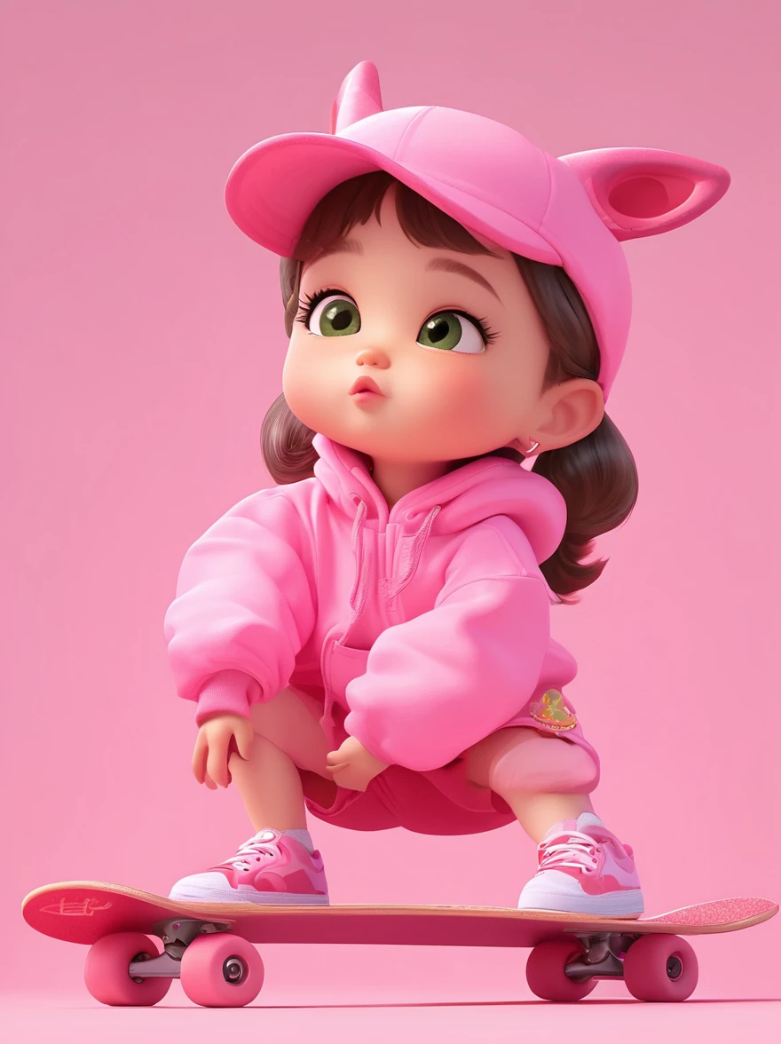 1A girl dressed in a pink dinosaur costume, Pink sneakers, strike a playful pose, Standing on a skateboard, Green Eyes, Cute ears, Pouting cute little mouth, A faint blush, proudly, Cartoon Style, full-body shot, Pure white background, Created with C4D and Blender, Blind box toy styles, Super Detail, Anatomically correct, masterpiece, precise