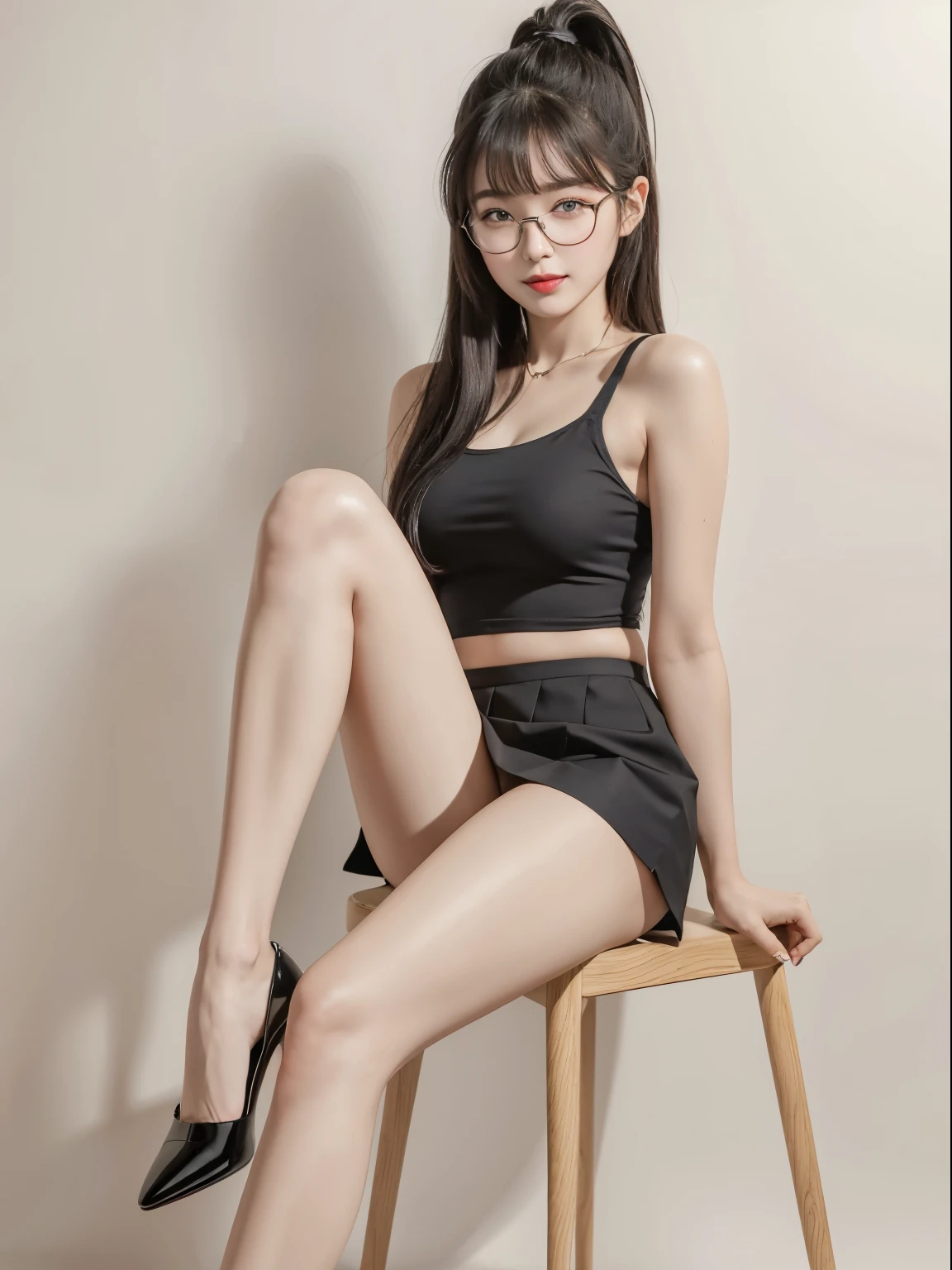 (Best quality, masterpiece, detailed), (RAW, 4k, hd images), shy, 1 girl, , white skin, long hair, ponytail, layers hair, bangs, black hair, beautiful girl, cute girl, sweet girl, pretty girl, perfect girl, pretty eyes, blue eyes, thin lips, thin, (eye line, lip stick soft), perfect , glasses(detailed frame), room, smile, thigh, white tank top, black short skirt, sitting on the chair, white wall background, pose like a model, facing on camera, full body, full legs, foot with high heels