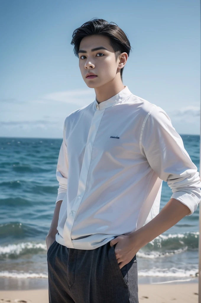 A young man in a shirt stood by the sea with a serious expression., looking into the distance,Eyebrows frowned.,He looked worried.,Turn your head slightly.,Cloudy day