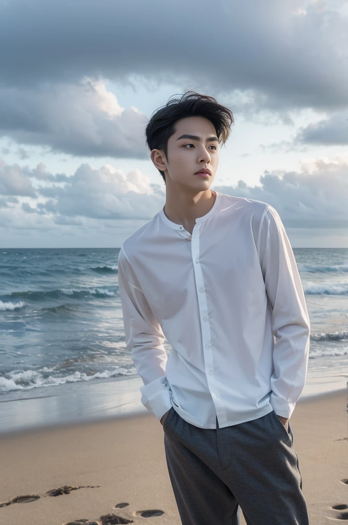 A young man in a shirt stood by the sea with a serious expression., looking into the distance，Eyebrows frowned.，He looked worried.，Turn your head slightly.，Cloudy day