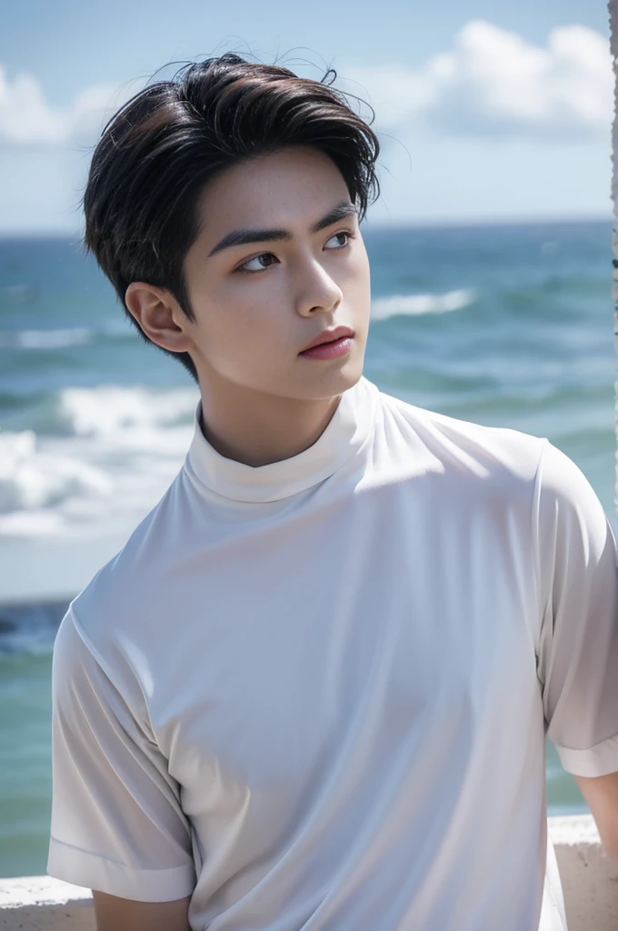 A young man in a shirt stood by the sea with a serious expression., looking into the distance,Eyebrows frowned.,He looked worried.,Turn your head slightly.,Cloudy day