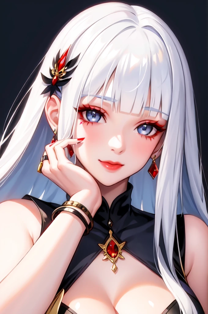 1girl, solo, long hair, looking at viewer, smile, blue eyes, hair ornament, white background, jewelry, white hair, closed mouth, blunt bangs, nail polish, bracelet, lips, grey eyes, portrait, red nails, close-up, red lips, hands on own face, hands on own cheeks,( female),(shiny skin),((steaming body))