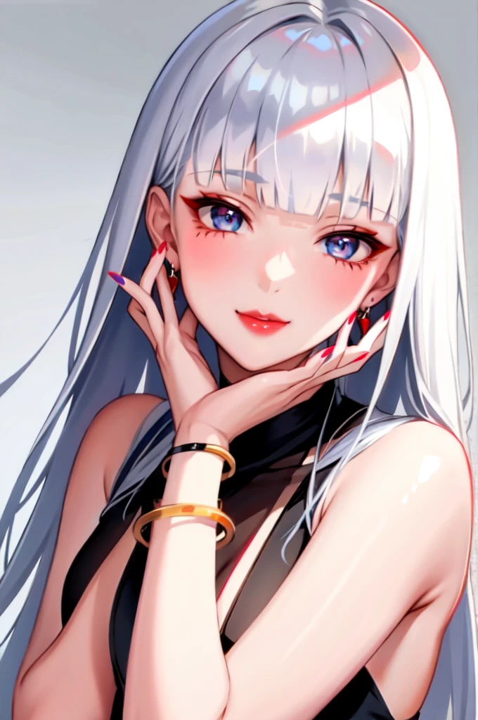 1girl, solo, long hair, looking at viewer, smile, blue eyes, hair ornament, white background, jewelry, white hair, closed mouth, blunt bangs, nail polish, bracelet, lips, grey eyes, portrait, red nails, close-up, red lips, hands on own face, hands on own cheeks,(mature female),(shiny skin),((steaming body))