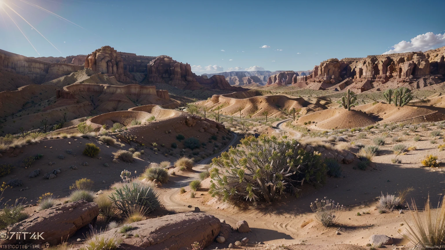 (create an ultra-high definition, hyper-realistic, highly detailed, high-quality image, sharp focus, professional lighting, vivid colors, warm tones and intricate details, representing in detail a desert background, golden sunset, reeds, stones, sand, grasses, bushes, distributed across terrain, desert plants, cacti, xerophytic vegetation, setting sun, canyons, rocks, meticulously capturing every intricate detail). Fujifilm XT3 sharp focus, professional lighting, vivid colors, intricate details, film grain, Fujifilm XT3 realistic painting art, f5.6, physically-based rendering, natural lighting, cinematic lighting ,dramatic lighting, professional, dynamic movement, colorful lighting, vibrant colors, studio lighting, professional photography, cinematic composition, symmetrical framing, landscape, Utilize state-of-the-art deep learning models and adjust parameters according to quality metrics such as Structural Similarity (SSIM) and Perceptual Loss to create an image that is indistinguishable from a real, high-quality photograph, (best quality,4k,8k,16k,Highest,masterpiece:1.2),(realistic,photorealistic,photo-realistic:1.37), (extremely detailed CG unit, 16k wallpaper), 16k UHD, 16k HDR,(ultra-high definition, hyper-realistic, highly detailed, high-quality image, sharp focus, professional lighting, vivid colors and intricate details),