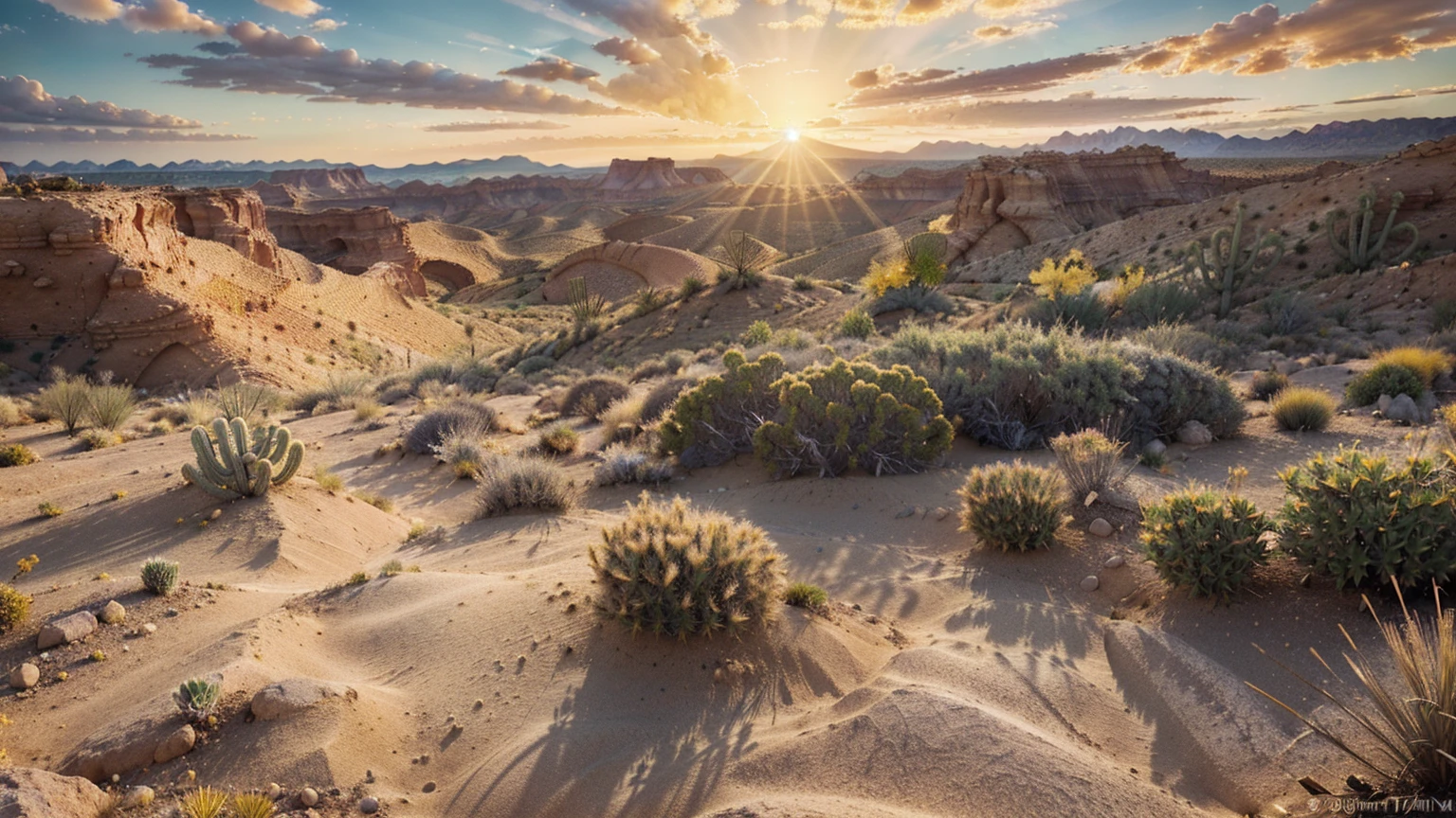 (create an ultra-high definition, hyper-realistic, highly detailed, high-quality image, sharp focus, professional lighting, vivid colors, warm tones and intricate details, representing in detail a desert background, golden sunset, reeds, stones, sand, grasses, bushes, distributed across terrain, desert plants, cacti, xerophytic vegetation, setting sun, canyons, rocks, meticulously capturing every intricate detail). Fujifilm XT3 sharp focus, professional lighting, vivid colors, intricate details, film grain, Fujifilm XT3 realistic painting art, f5.6, physically-based rendering, natural lighting, cinematic lighting ,dramatic lighting, professional, dynamic movement, colorful lighting, vibrant colors, studio lighting, professional photography, cinematic composition, symmetrical framing, landscape, Utilize state-of-the-art deep learning models and adjust parameters according to quality metrics such as Structural Similarity (SSIM) and Perceptual Loss to create an image that is indistinguishable from a real, high-quality photograph, (best quality,4k,8k,16k,Highest,masterpiece:1.2),(realistic,photorealistic,photo-realistic:1.37), (extremely detailed CG unit, 16k wallpaper), 16k UHD, 16k HDR,(ultra-high definition, hyper-realistic, highly detailed, high-quality image, sharp focus, professional lighting, vivid colors and intricate details),