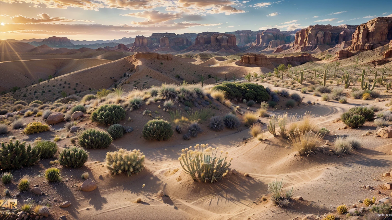 (create an ultra-high definition, hyper-realistic, highly detailed, high-quality image, sharp focus, professional lighting, vivid colors, warm tones and intricate details, representing in detail a desert background, golden sunset, reeds, stones, sand, grasses, bushes, distributed across terrain, desert plants, cacti, xerophytic vegetation, setting sun, canyons, rocks, meticulously capturing every intricate detail). Fujifilm XT3 sharp focus, professional lighting, vivid colors, intricate details, film grain, Fujifilm XT3 realistic painting art, f5.6, physically-based rendering, natural lighting, cinematic lighting ,dramatic lighting, professional, dynamic movement, colorful lighting, vibrant colors, studio lighting, professional photography, cinematic composition, symmetrical framing, landscape, Utilize state-of-the-art deep learning models and adjust parameters according to quality metrics such as Structural Similarity (SSIM) and Perceptual Loss to create an image that is indistinguishable from a real, high-quality photograph, (best quality,4k,8k,16k,Highest,masterpiece:1.2),(realistic,photorealistic,photo-realistic:1.37), (extremely detailed CG unit, 16k wallpaper), 16k UHD, 16k HDR,(ultra-high definition, hyper-realistic, highly detailed, high-quality image, sharp focus, professional lighting, vivid colors and intricate details),
