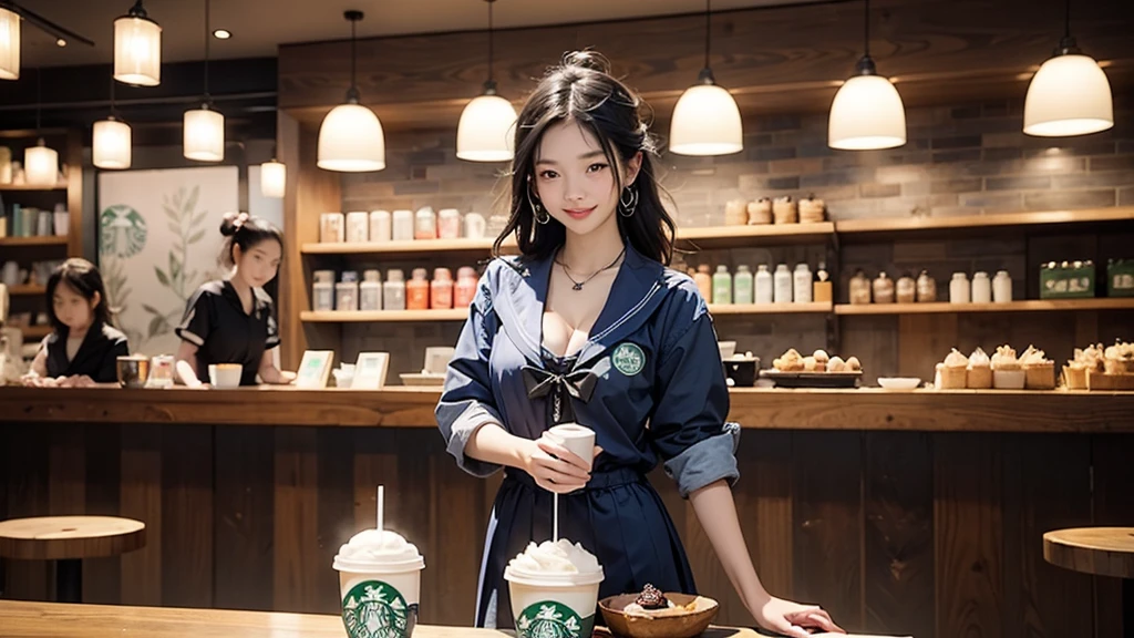 8K、RAW Photos、Highest quality、Super detailed、Super Resolution、Ultra HD、8K壁紙、Amazing details
(((Inside the Starbucks store、16 year old high school girl in sailor suit)))、Eat cake、Drink coffee、smile、Heart Necklace((Emphasize cleavage))
(Full body photo)