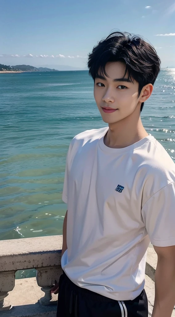 (As a matter of fact, Masterpiece, 8k HD, good light quality, sportswear, fit the face, complicated details), Handsome Korean young man, 20 years old, be happy, smile brightly, detailed face, delicate eyes, มองดูsky, Wear casual clothes, period, black eyes, Black hair color, ผมsmooth, smooth, outdoor sports, By the sea, Sunny,sky,Surreal,Awesome details,Highest quality,real,