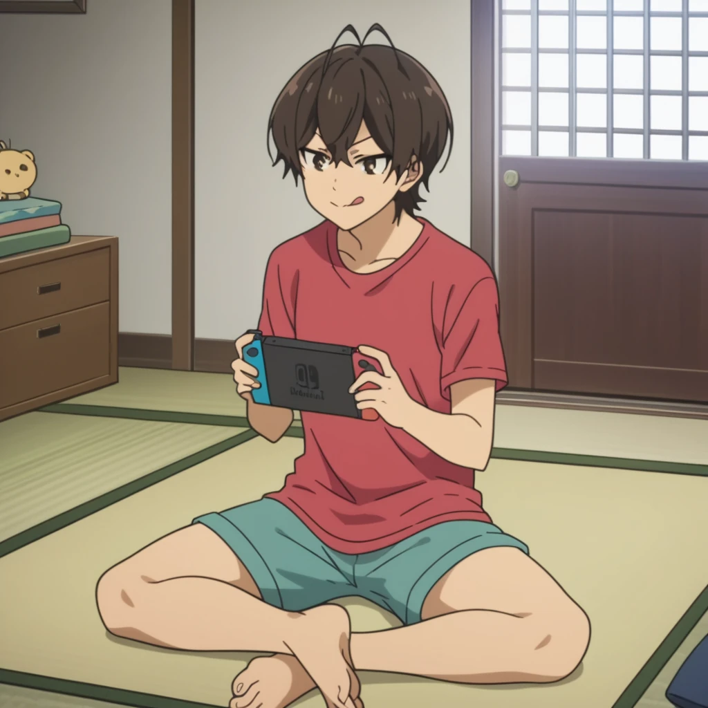 score_8_up, score_7_up, score_6_up, source anime, anime screencap, miwa, shirt, shorts, sitting, legs spread, knees bent, tatami mat, indoors, living room, holding nintendo switch, looking at nintendo switch, concentrating, closed mouth, tongue out, tongue,