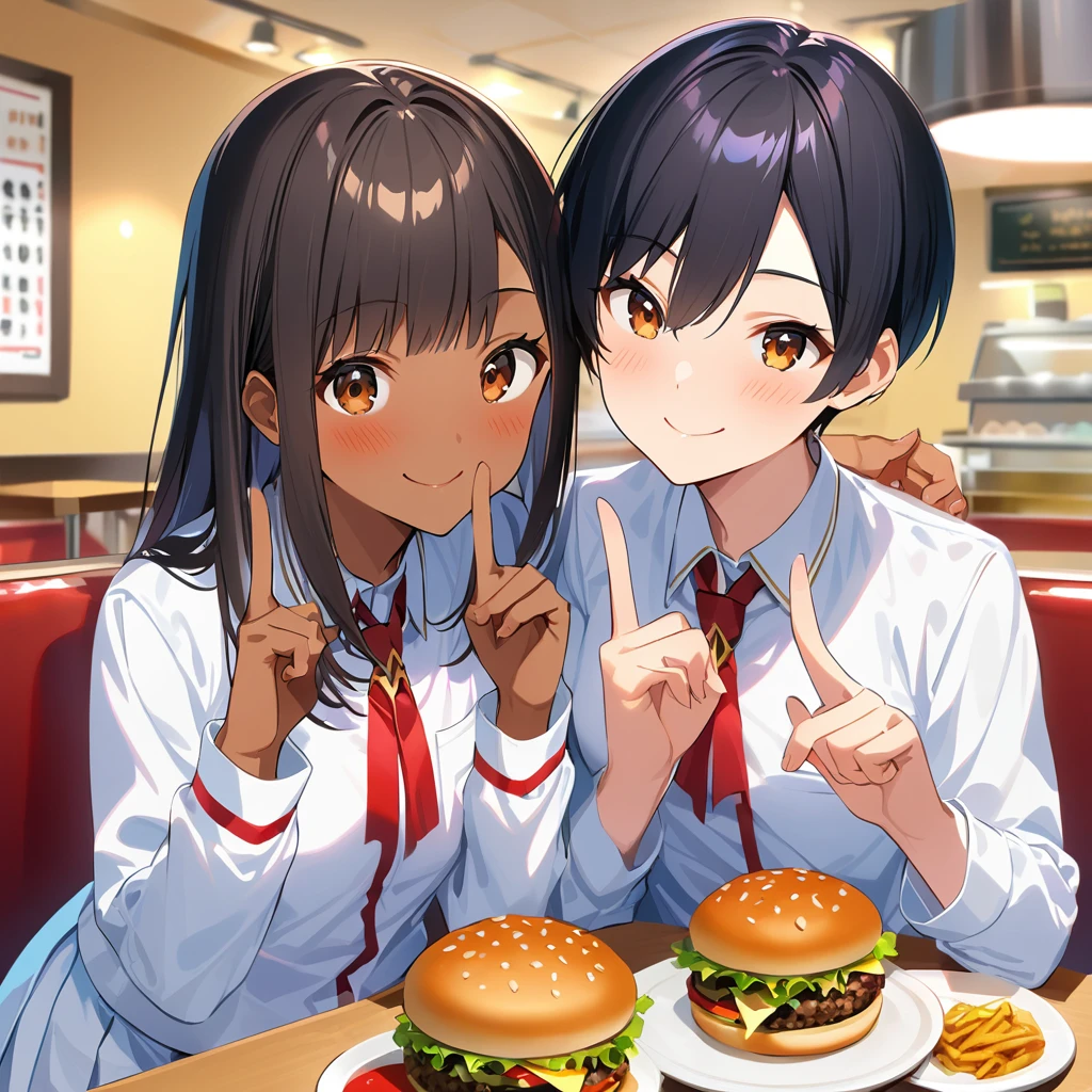 A confident smile, After school,Taking photos at a restaurant,Couple,Sounds like fun,短いBlack Hair, Brown eyes,Brown Skin,2 students、Use a gesture commonly associated with the peace sign when speaking (From the restaurant), slacks,skirt, Black Hair, indoor, hamburger, uniform, ((((Complete faithful finger))))