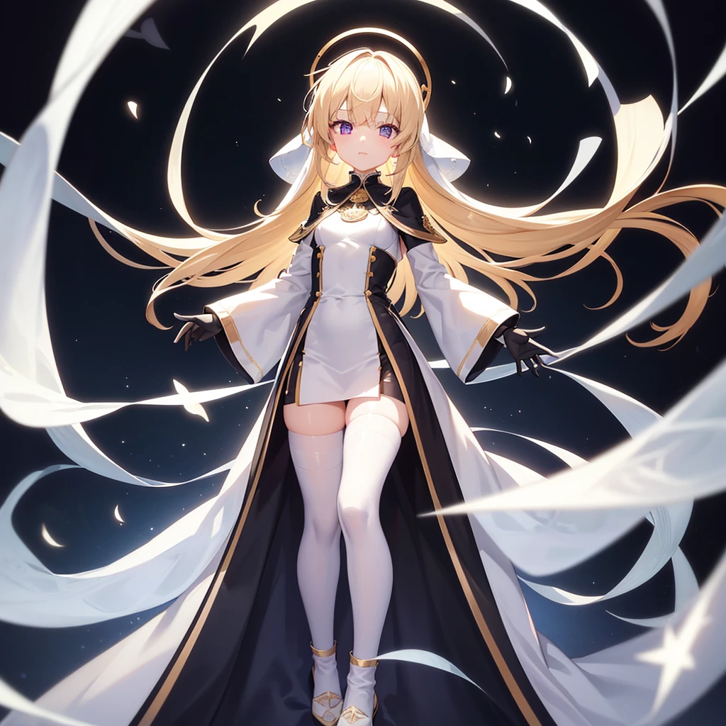 (Priest),(Revealing clothing),(((White clothes))),Veil,Cute little loli,Tiny Lori,Small girl,,Childish face, Very fine clean face,Top quality, Big eyes,Straight Hair,Yellow hair,Crimson Eye,(Dark Room), Subtle light, Natural light,Soft lighting,Light from directly behind, (Are standing), Cute pose, Open your hands, Showing the whole body,Front view,Black background
