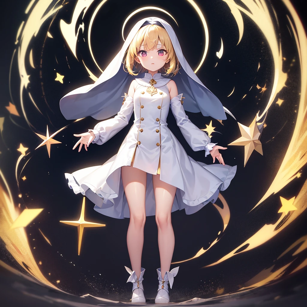 (Priest),(Revealing clothing),(((White clothes))),Veil,Cute little ,Tiny Lori,Small girl,,Childish face, Very fine clean face,Top quality, Big eyes,Straight Hair,Yellow hair,Crimson Eye,(Dark Room), Subtle light, Natural light,Soft lighting,Light from directly behind, (Are standing), Cute pose, Open your hands, Showing the whole body,Front view,Black background