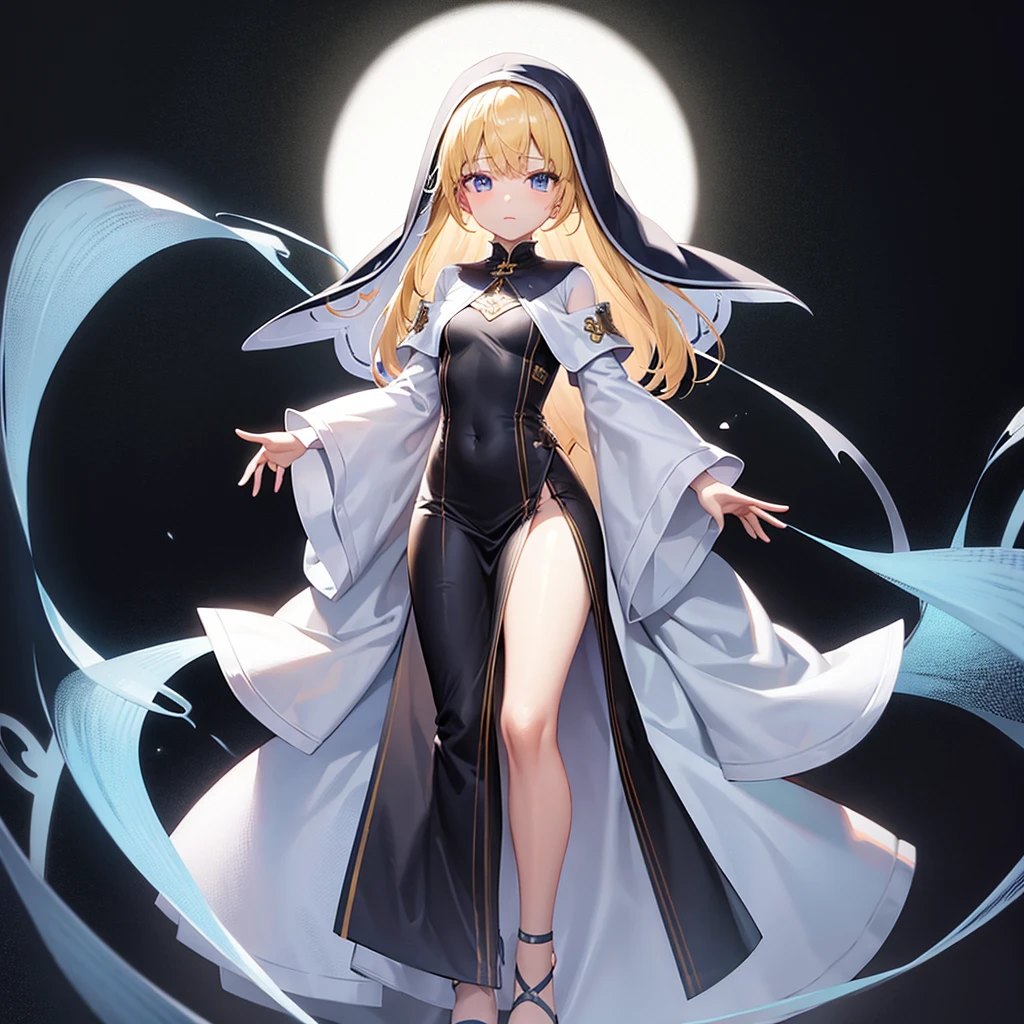 (Priest),(Revealing clothing),(((White clothes))),Veil,Cute li,Tiny Lori,Small girildish face, Very fine clean face,Top quality, Big eyes,Straight Hair,Yellow hair,Crimson Eye,(Dark Room), Subtle light, Natural light,Soft lighting,Light from directly behind, (Are standing), Cute pose, Open your hands, Showing the whole body,Front view,Black background