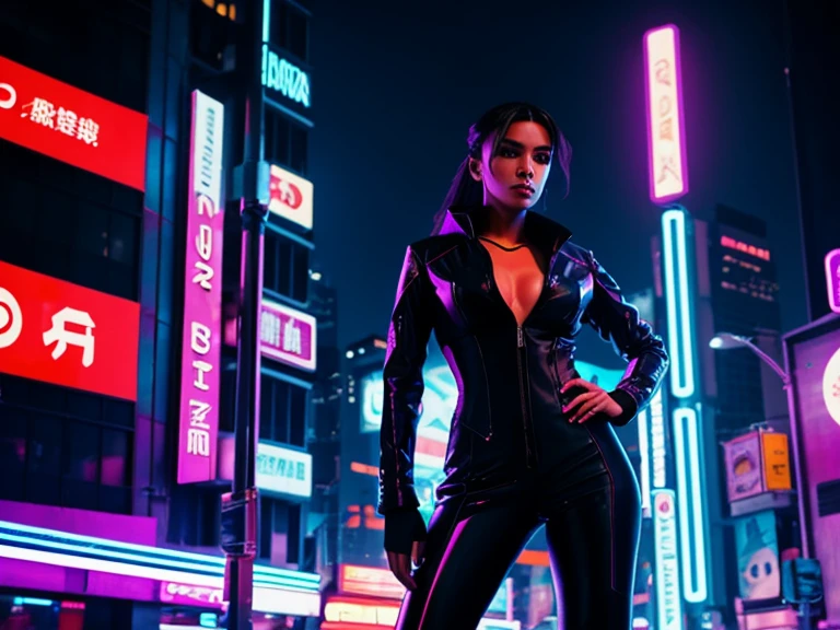 In a neon-lit futuristic cityscape, a confident woman in a sleek black leather suit strides purposefully through the bustling streets. The camera follows her from a low angle, emphasizing her dominance and the high-tech environment. Neon signs and holographic advertisements flicker around her, casting colorful reflections on her outfit. The atmosphere is intense and vibrant, evoking a sense of cyberpunk allure.