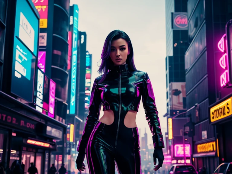 In a neon-lit futuristic cityscape, a confident woman in a sleek black leather suit strides purposefully through the bustling streets. The camera follows her from a low angle, emphasizing her dominance and the high-tech environment. Neon signs and holographic advertisements flicker around her, casting colorful reflections on her outfit. The atmosphere is intense and vibrant, evoking a sense of cyberpunk allure.