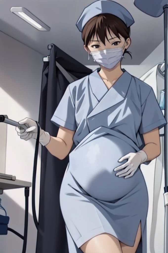 (RAW photo, best quality), operating room, overhead surgical light,blurred background, focused, dithering,backlighting,
 surgical_nurse_ppt, 1girl, pregnant,surgical mask, surgical cap, gloves,long dress, nurse, 
 fubuki kyouka,