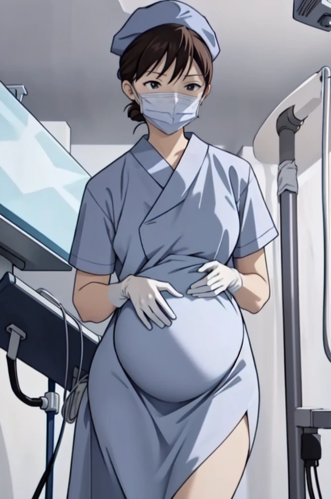 (RAW photo, best quality), operating room, overhead surgical light,blurred background, focused, dithering,backlighting,
 surgical_nurse_ppt, 1girl, pregnant,surgical mask, surgical cap, gloves,long dress, nurse, 
 fubuki kyouka,