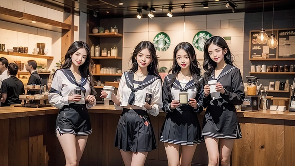 8K、RAW Photos、Highest quality、Super detailed、Super Resolution、Ultra HD、8K壁紙、Amazing details
(((Inside the Starbucks store、16 year old high school girl in sailor suit)))、Eat cake、Drink coffee、smile、Heart Necklace((Emphasize cleavage))
(Full body photo)