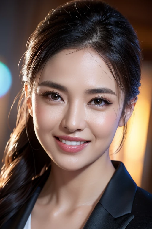 a gorgeous middle-aged busty woman, ponytail, tuxedo, beautiful smile showing teeth, pov, lover, cinematic lighting, (best quality,4k,8k,highres,masterpiece:1.2),ultra-detailed,(realistic,photorealistic,photo-realistic:1.37),HDR,UHD,studio lighting,ultra-fine painting,sharp focus,physically-based rendering,extreme detail description,professional,vivid colors,bokeh,portrait,photorealistic,cinematic,dramatic lighting