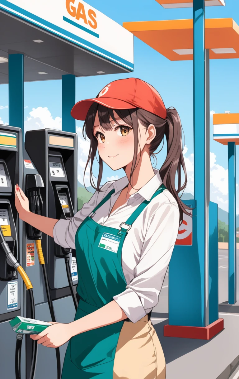 Girl working at a gas station