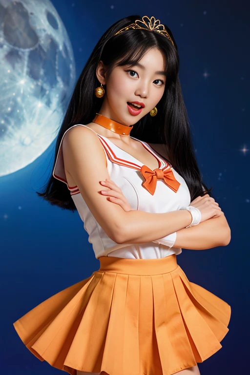  full body, 1 korean girl, sexy girl, strikingly beautiful, black hair, big breasts, delicate facial features, porcelain skin, red lips,expressive eyes, ((awe and joy expression)), 18 years old, (Sailor Moon super sailormoon mer1, Tiara, Sailor Moon: 1.2), (hairstyle of the 1980s),her hair styled in classic pin curls, long hair floating in the wind, (Sailor Senshi Uniform, Orange skirt, elbow glove, tiara, Pleated skirt, mini-skirt, red bow, Orange Choker, white glove, gemstones),(golden tiara, earrings), luxurious golden jewelry, thin, thin and muscular, big breasts, perfect proportions, Thin waist, sexy model pose, visible pores, perfect hands: 1.5, strong natural light, sunlight, exquisite lighting and shadow, (space background, moonlight, moon, dynamic background, detailed background), (open mouth and tongue out)