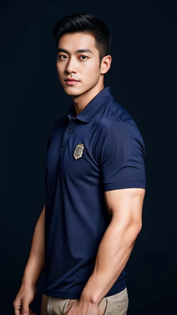 A male police officer in his 20s poses for a group photo....., Wear a navy blue polo shirt......................., high resolution, Masterpiece, best quality, head:1.3,((Hasselblad photos)), Smooth and fine skin, clear focus, (movie light), during the night, gentle light, Dynamic angle, [:(detailed face:1.2):0.2],(((exercise))), sport, His arm muscles were very big.........., hand in crotch.