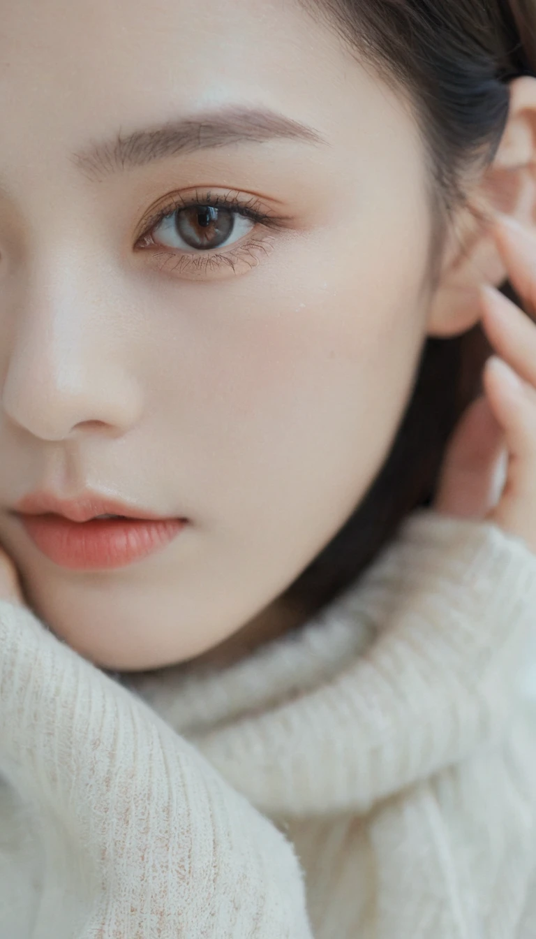 xxmixgirl, Analog Style, Eye focus, Highest quality, (Very detailed skin), Exquisitely beautiful white skin photos, 21 years old, Perfect Face, Captivating eyes, (Seductive makeup: 1.3), Skin pores, (Bokeh:1.5), Sharp focus, Dappled Lighting, (Backlight), Film Grain, (Very detailed, Exquisitely crafted), 8K, High resolution, Front view, Studio Light, Very detailed顔, Fine grain, (double eyelid: 1.4), Aristogle, Brown eyes, (commercial: 1.6), (Natural Makeup), ((White studio background: 2))、Summery white fashion、