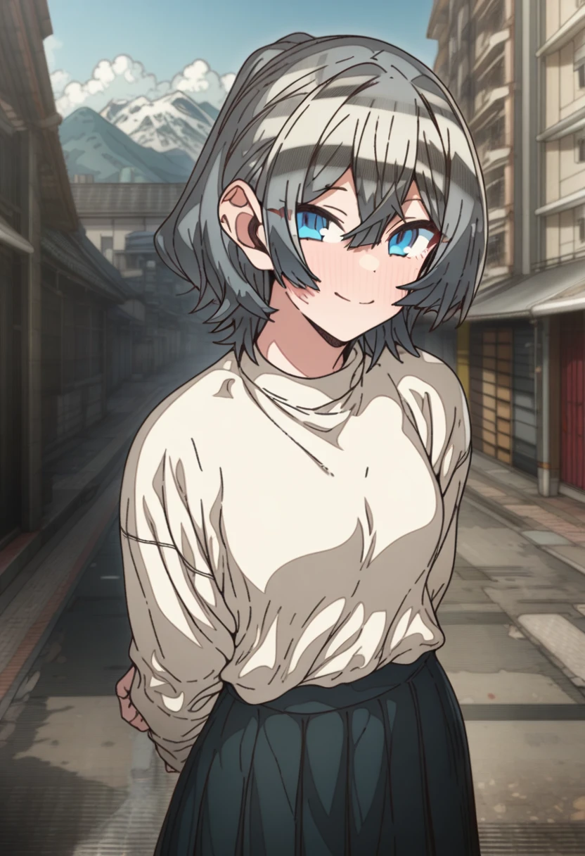 1girl, erere, solo, official art, blue eyes, smile, looking at viewer, black pleated skirt, white shirt, hands behind back, smile, outdoors, scenery, best quality, masterpiece
