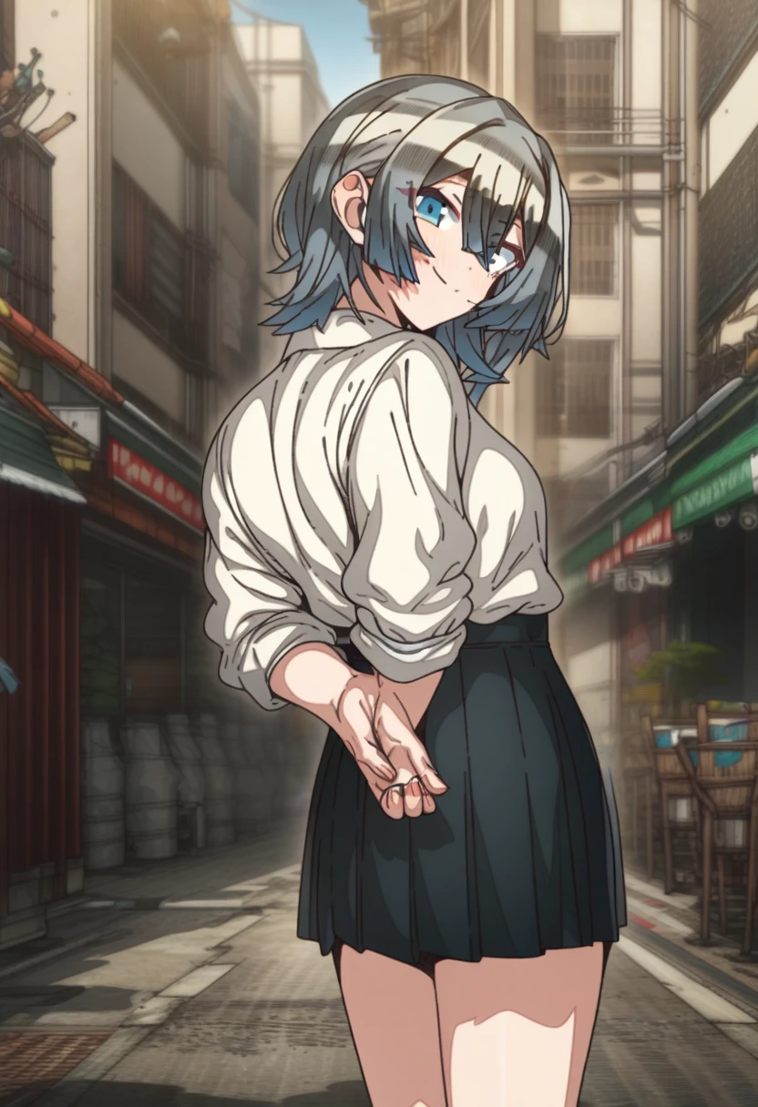 1girl, erere, solo, official art, blue eyes, smile, looking at viewer, black pleated skirt, white shirt, hands behind back, smile, outdoors, scenery, best quality, masterpiece