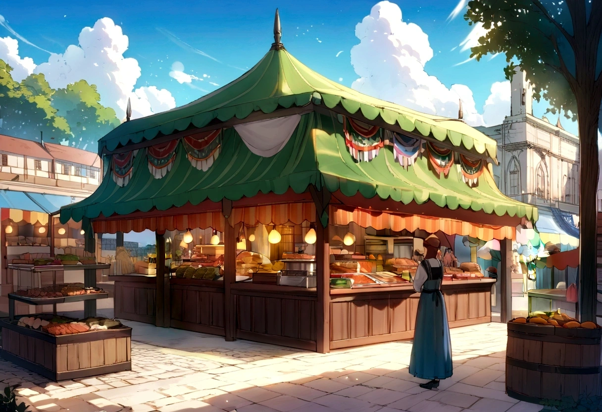 ((((masterpiece, Best Quality, High resolution)))), High detail, manga,anime,Illustrated style,Use of bright colors,Ghibli Studio「Howl's Moving Castle」The colors are like those used in daytime scenes.,Medieval European fantasy worldview, Christmas Market Square during the day, Festival scene in the square, There is a beautiful fountain in the center、Sparkling water gushes out in the sunlight., Large space, Bustling food stalls,Many food stalls are lined up,There aren't many people,人の着ている服はGhibli Studioの魔女の宅急便のような雰囲気, RPG-like scenery, Colorful tent stalls.Delicious food is on sale, The sky is bright blue、Fluffy white clouds floating, And the sun is shining brightly, Create a magical and cozy atmosphere.