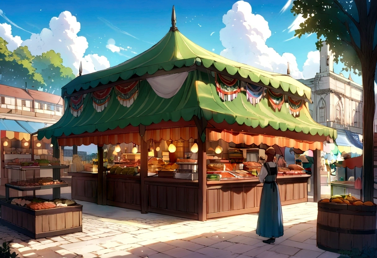 ((((masterpiece, Best Quality, High resolution)))), High detail, manga，anime，Illustrated style，Use of bright colors，Ghibli Studio「Howl&#39;s Moving Castle」The colors are like those used in daytime scenes.，Medieval European fantasy worldview, Christmas Market Square during the day, Festival scene in the square, There is a beautiful fountain in the center、Sparkling water gushes out in the sunlight., Large space, Bustling food stalls,Many food stalls are lined up，There aren&#39;t many people，人の着ている服はGhibli Studioの魔女の宅急便のような雰囲気， RPG-like scenery, Colorful tent stalls.Delicious food is on sale, The sky is bright blue、Fluffy white clouds floating, And the sun is shining brightly, Create a magical and cozy atmosphere.