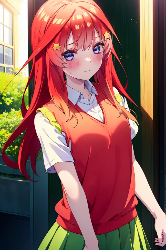 itsukinakano, itsuki nakano, bangs, blue eyes, Hair between the eyes, Ahoge, Redhead, star \(symbol\), hair ornaments, star hair ornaments,Tears of joy,Tears flowing,top of the hill,blush,
break skirt, shirt, , clavicle, white shirt, Short sleeve, Pleated skirt, socks, collared shirt, mini skirt, Knee-high, white socks, (Green Skirt:1.5), Sweater vest, (red Sweater vest:1.5),Black Loafers,Sunset,evening,The sun is setting,
break outdoors, top of the hill,Building district,
break looking at viewer, whole body,
break (masterpiece:1.2), Highest quality, High resolution, unity 8k wallpaper, (figure:0.8), (Beautiful attention to detail:1.6), Highly detailed face, Perfect lighting, Highly detailed CG, (Perfect hands, Perfect Anatomy),