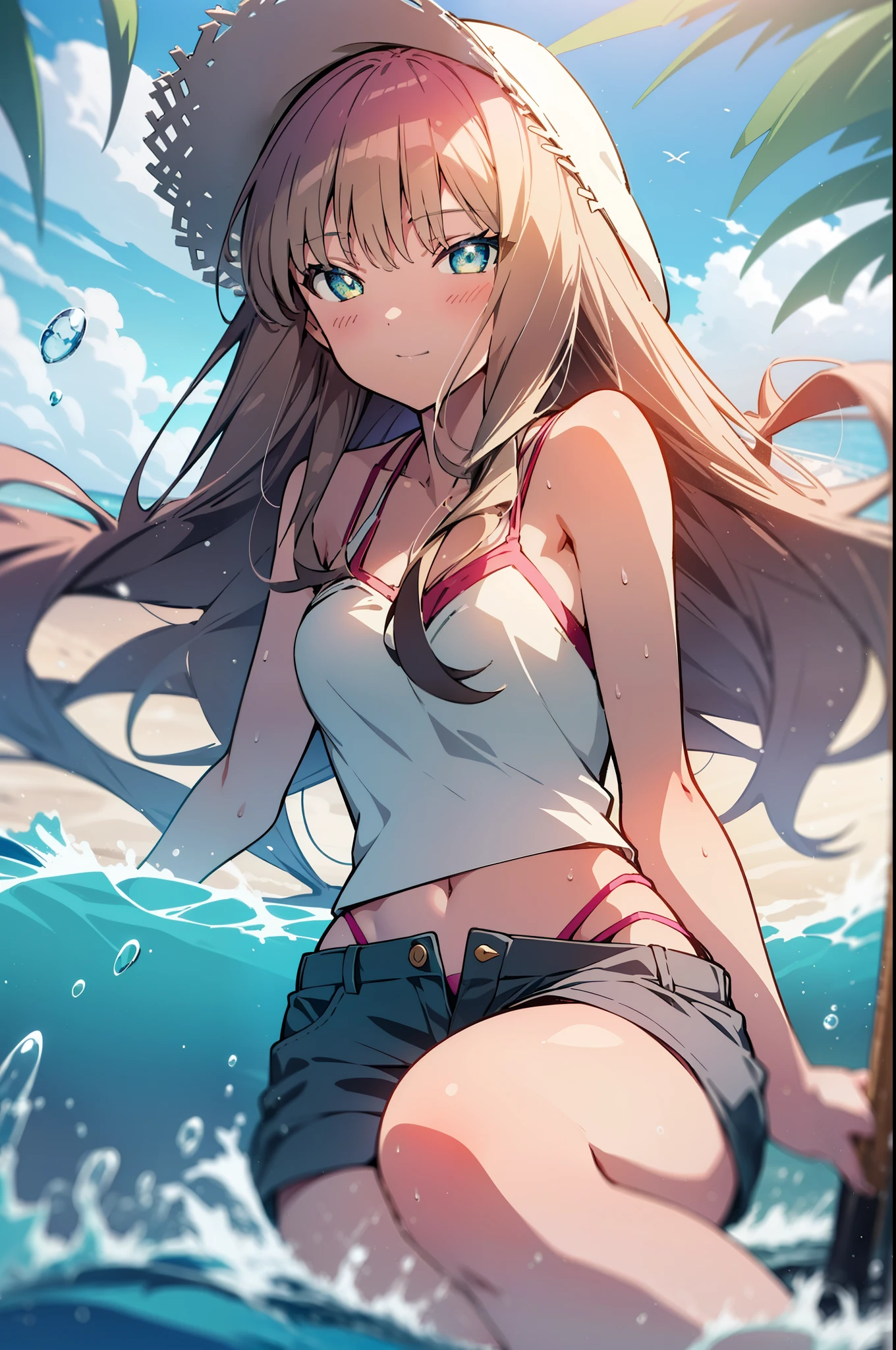 The seeds of a southern dream,The seeds of a southern dream　sss Dynazenon ,Brown Hair,Long Hair,Green Eyes,Big straw hat,smile,blush,Hibiscus hair accessory,Blue bikini swimsuit,barefoot,ビーチのSandy Beachを散歩しながら,Sky blue hair swaying in the breeze,Sandy Beachに座ってる,
Outdoor rest, Sandy Beach,Destroy the beach (masterpiece:1.2), Highest quality, High resolution, unity 8k wallpaper, (shape:0.8), (Fine and beautiful eyes:1.6), Highly detailed face, Perfect lighting, Highly detailed CG, (Perfect hands, Perfect Anatomy),